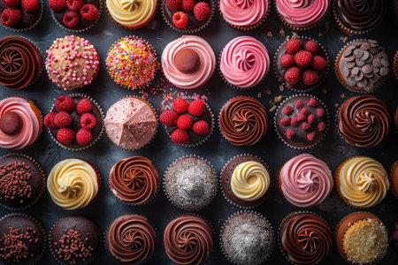 Assortment of delicious cupcakes on dark background. Top view.の素材