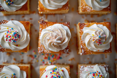 Cake with whipped cream and colorful sprinkles on top, squareの素材
