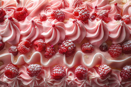 Birthday cake with raspberries and cream, close-upの素材