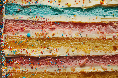 close up of a colorful slice of cake with sprinkles on topの素材