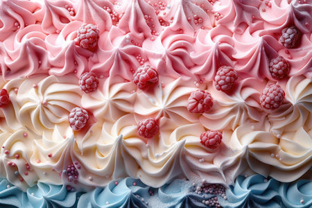 Cake with cream and raspberries, close-up.の素材