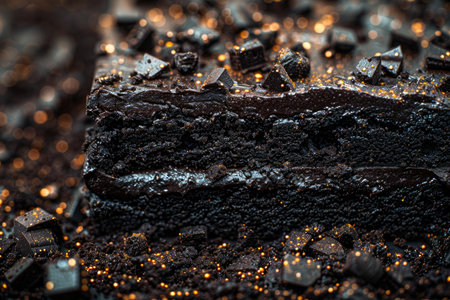 Dark chocolate cake with chocolate chips, close-up, selective focus.の素材