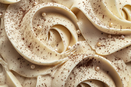 closeup of a chocolate cake with cream swirls and cocoa powderの素材