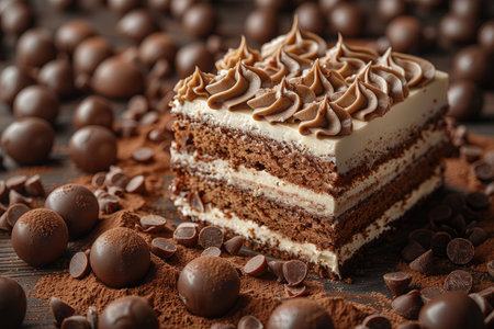 Delicious chocolate cake on wooden table, closeup. Delicious dessertの素材