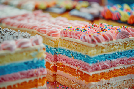 Rainbow cakes close up. Colorful rainbow cakes with sprinkles.の素材