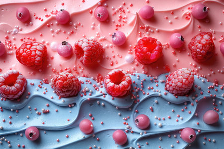 Fruit cake decorated with raspberries and currants on blue backgroundの素材