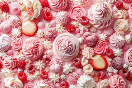pink and white meringue background with strawberries and raspberriesの素材