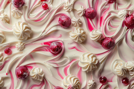 Close up of white chocolate cake with cherries and whipped cream.の素材