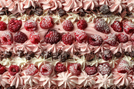 Piece of cake with raspberries and chocolate, closeupの素材