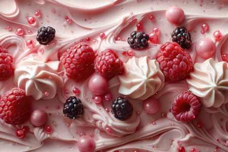 Piece of tasty cake with berries as background, closeup viewの素材