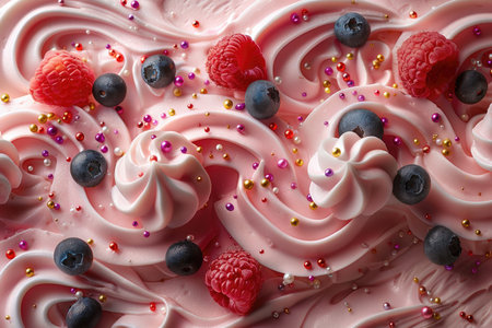 Delicious birthday cake with berries as background, top view. Delicious dessertの素材