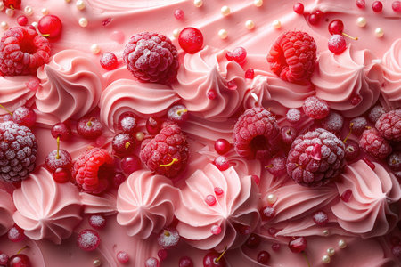 pink cake with raspberries and currants, top viewの素材