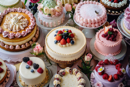 Variety of cakes on a buffet table at a wedding party.の素材