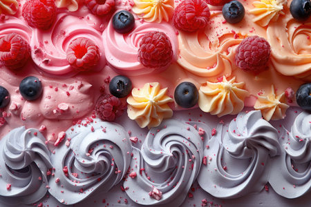 Delicious birthday cake with berries, closeup. Festive backgroundの素材
