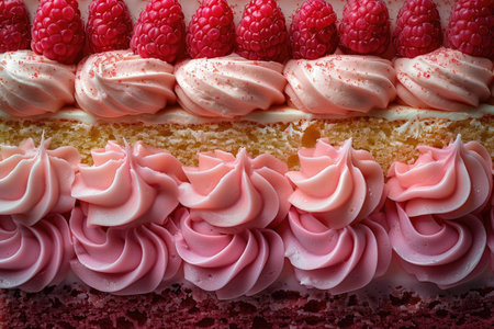Cake with cream and raspberries, close-up.の素材