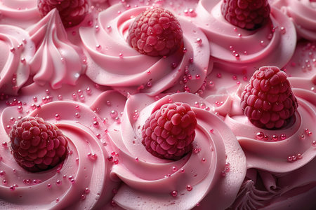 Delicious pink ice cream with raspberries, closeup viewの素材
