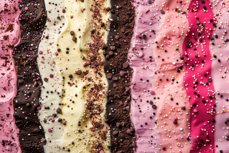 Different types of ice cream in a row, close-up.の素材
