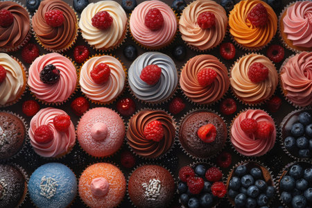 Cupcakes with fresh berries on black background. Top view.の素材