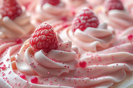Close up of raspberry Pavlova cake. Shallow dof.の素材