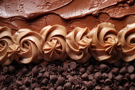 Delicious chocolate cake with flowers, closeup. Delicious dessert backgroundの素材
