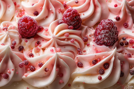 Pavlova cake with raspberries and pink icing.の素材