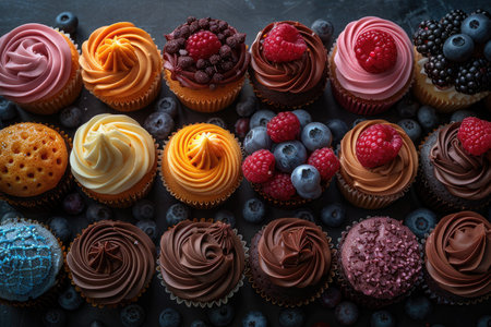 Colorful cupcakes with berries on dark background. Top view.の素材