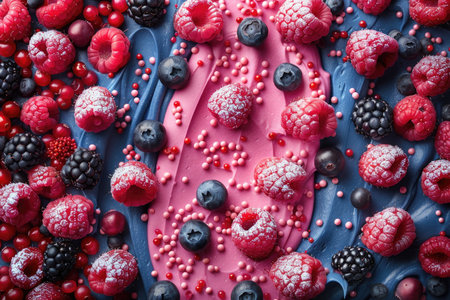 Delicious cake with fresh berries on color background, closeup viewの素材