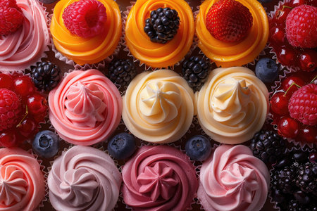 cupcakes with fresh berries, top view, close-up.の素材