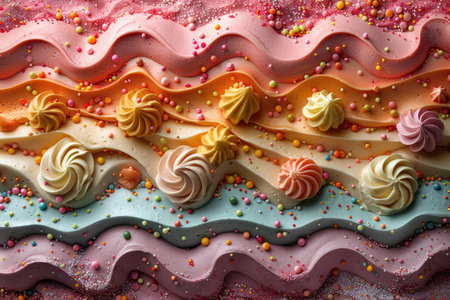Birthday cake with colorful cream and sprinkles, close-upの素材