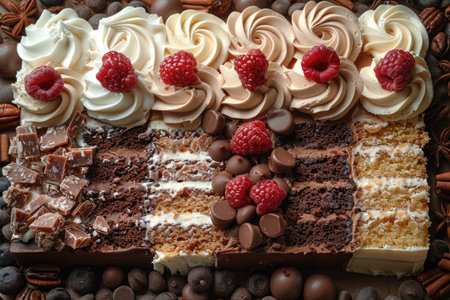 Tasty cake with raspberries and chocolate on table, closeupの素材