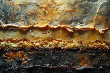 Piece of delicious cake with caramel on black background, top viewの素材