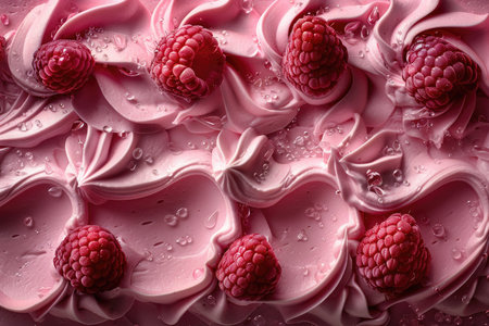 Delicious ice cream with raspberries as background, top viewの素材