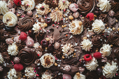 Chocolate cake with cream, berries and nuts. Top view.の素材