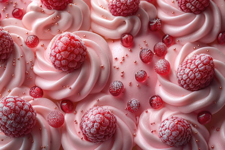 Delicious pink cake with raspberries and currants, closeupの素材