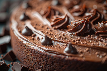 Chocolate cake with chocolate frosting, close-up, selective focus.の素材