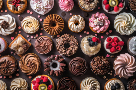 Assortment of cupcakes on a dark background. Top view.の素材
