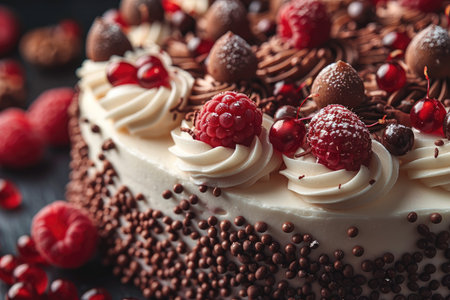 Chocolate cake with raspberries and cherries, closeupの素材