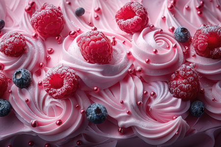 Delicious birthday cake with pink cream and berries, close-upの素材