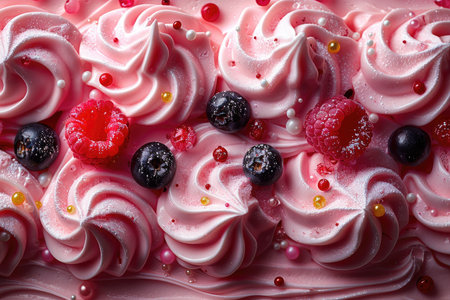 Birthday cake with pink cream and berries, close-up, top viewの素材