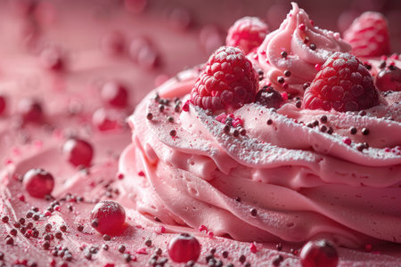 pink cake with raspberries, close-up, macroの素材