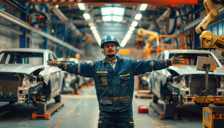 Mechanic working on assembly line of car in factory. Industrial backgroundの素材