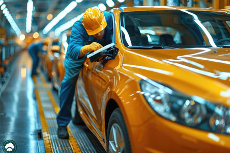 auto mechanic in coveralls and yellow helmet working on car body in auto repair service stationの素材