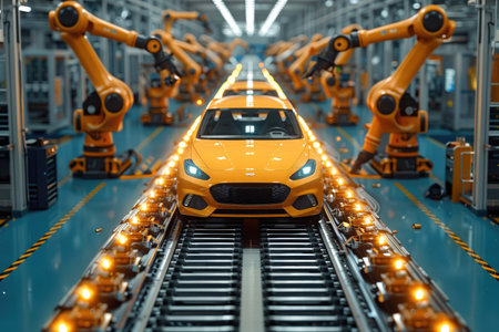 Automation factory production line with robots and automated machinery. Smart industry concept. 3D Renderingの素材