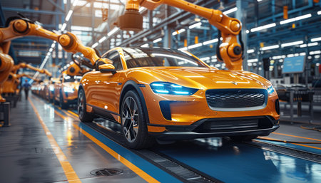 Automobile production line. Automotive industry concept. 3D Renderingの素材