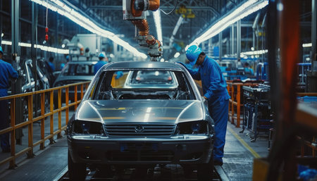 Automotive assembly line. Two workers are working in a car factory.の素材