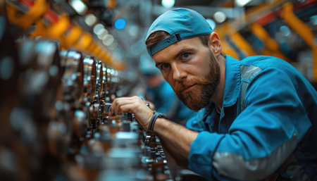 Portrait of a man working on a machine in a factory.の素材