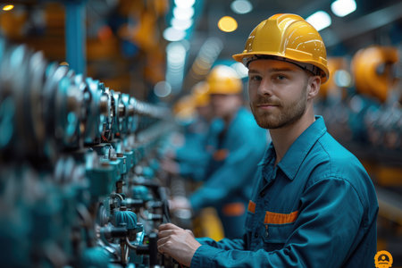Portrait of a Caucasian male worker in a factory. This is a freight transportation and distribution warehouse. Industrial and industrial workers conceptの素材