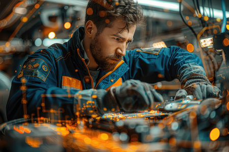 Portrait of a young Caucasian male engineer working on a computer in a factory.の素材