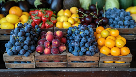 Fruits and vegetables in a wooden box on the counter of a marketの素材