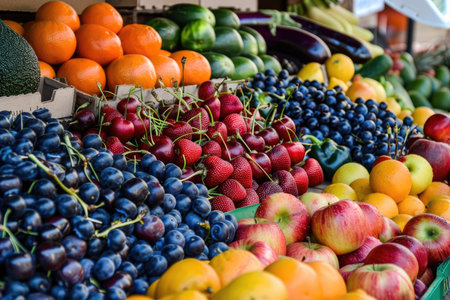 Fruits and vegetables on a market stall in the city of Barcelona, Spainの素材